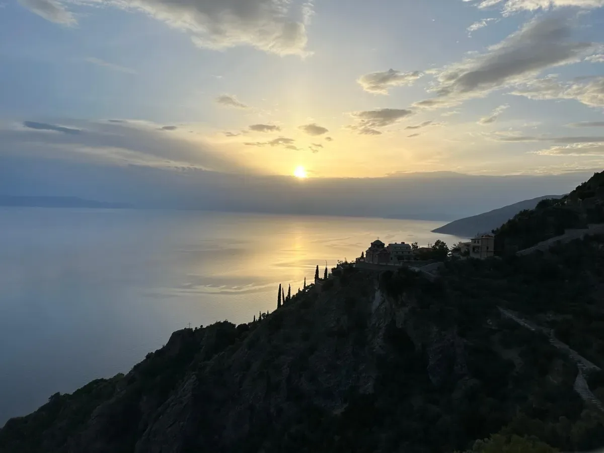 Mountain landscape at sunrise on Mount Athos